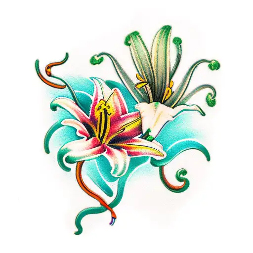 Orange Tiger Lily Flowers With Teal And Yellow Snake