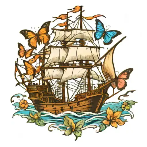 Old Pirate Ship With Butterflies As Sails