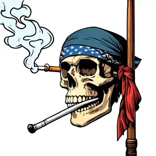 Skull Smoking A Cigarette Wearing A Bandana Holding A Fishing Pole