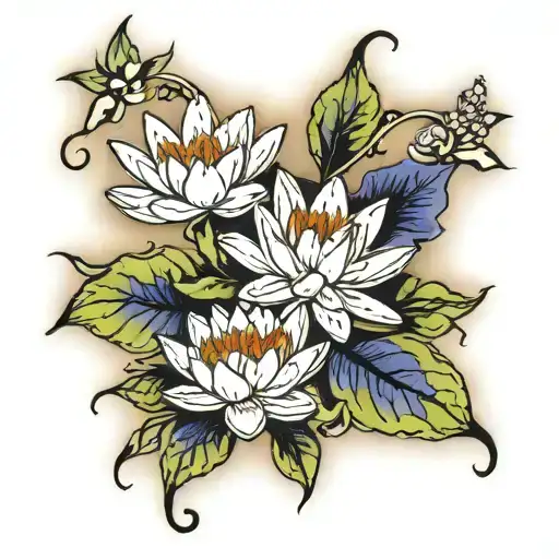 1 Water Lilly Flower Surrounded By Violets With Holly