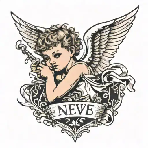 Cherub With Short Hair And A Scroll Through It With Neve Written In It