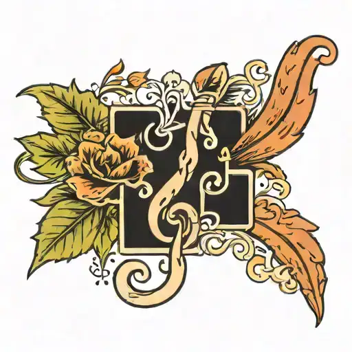 A Traditional Tattoo Of A Plant Winding Around A Puzzle Piece With Musical Symbols Incorporated