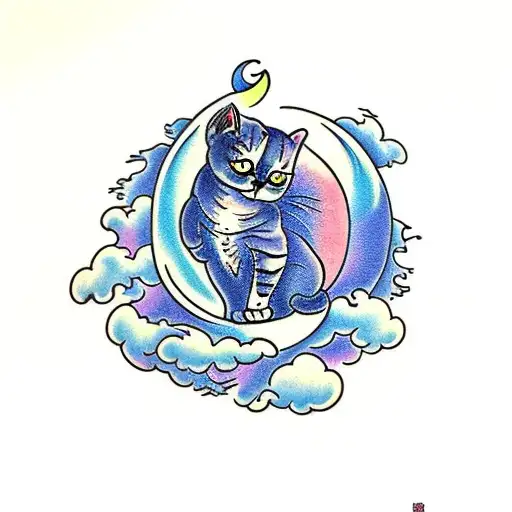 A Cat On A Cloud Looking At The Moon