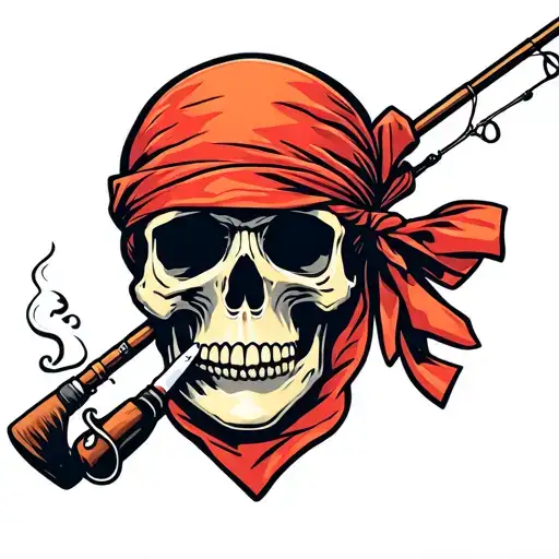 Skull Smoking A Cigarette Wearing A Bandana Holding A Fishing Pole