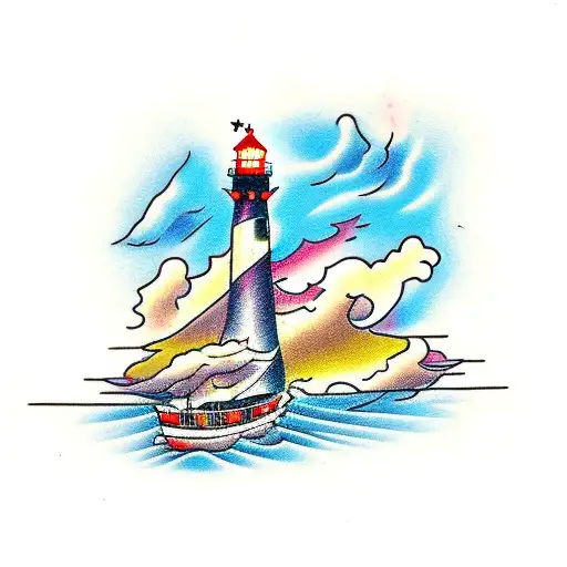 Lighthouse Guiding A Little Boat In A City