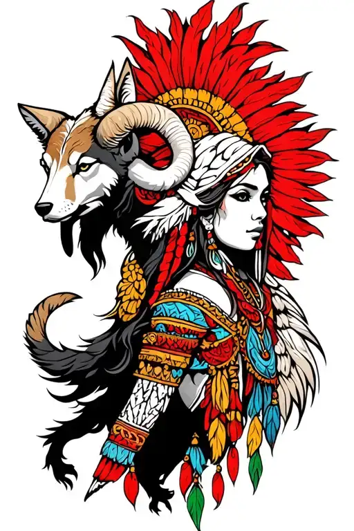 Warrior Woman With Wolf And Ram