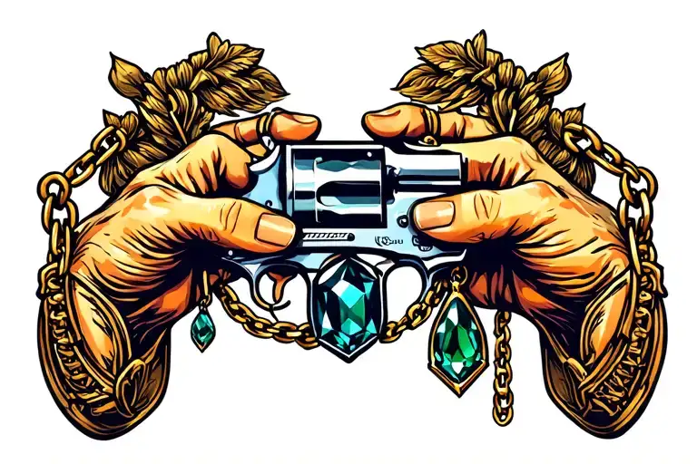 Rtj2 Hand And Pistol With Sapphire And Emerald Birth Stone Hanging Off Of Chain