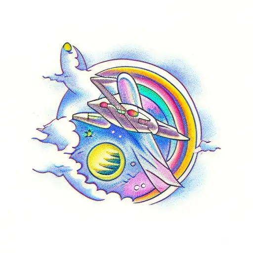 A Mysterious Moon With A Rainbow-colored Spaceship Flying Towards It