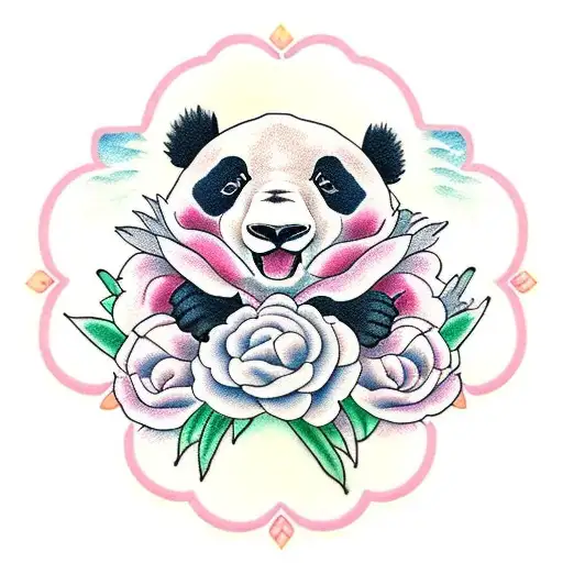 Panda With Peonies And Bambus