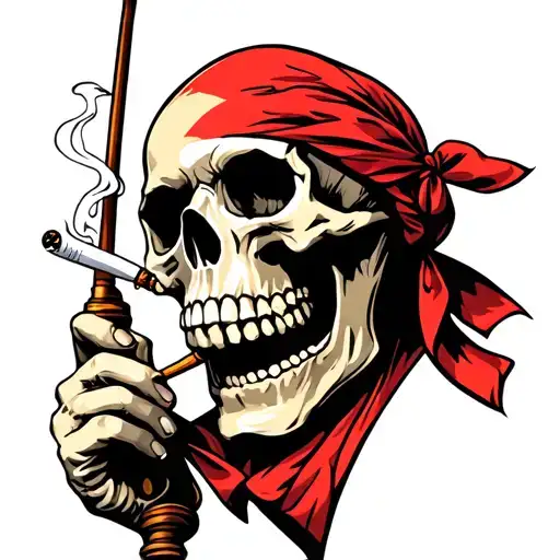 Skull Smoking A Cigarette Wearing A Bandana Holding A Fishing Pole