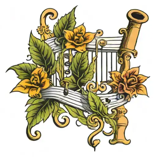 A Traditional Tattoo Of A Plant Morphing Into A Musical Staff With Puzzle Pieces As Leaves