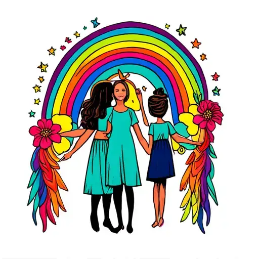 Mom With 2 Daughters And A Rainbow