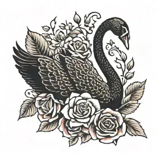 Black Swan With Red Roses Intertwined