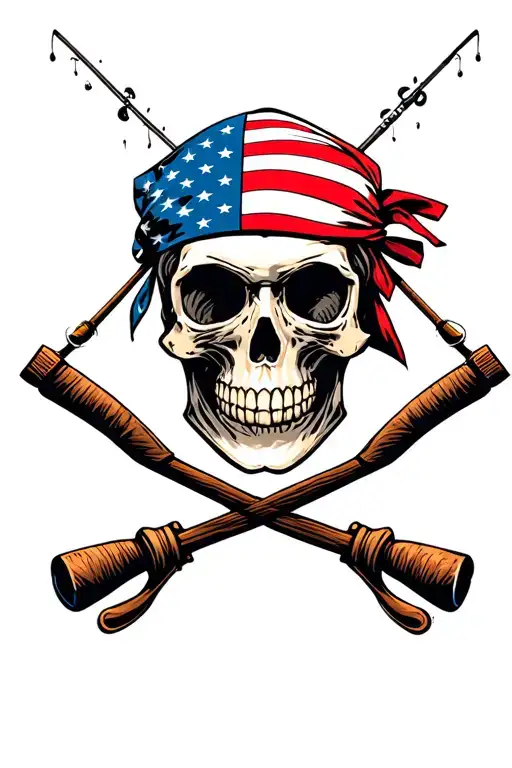 Skull With American Flag Bandana Fishing Poles Crossed