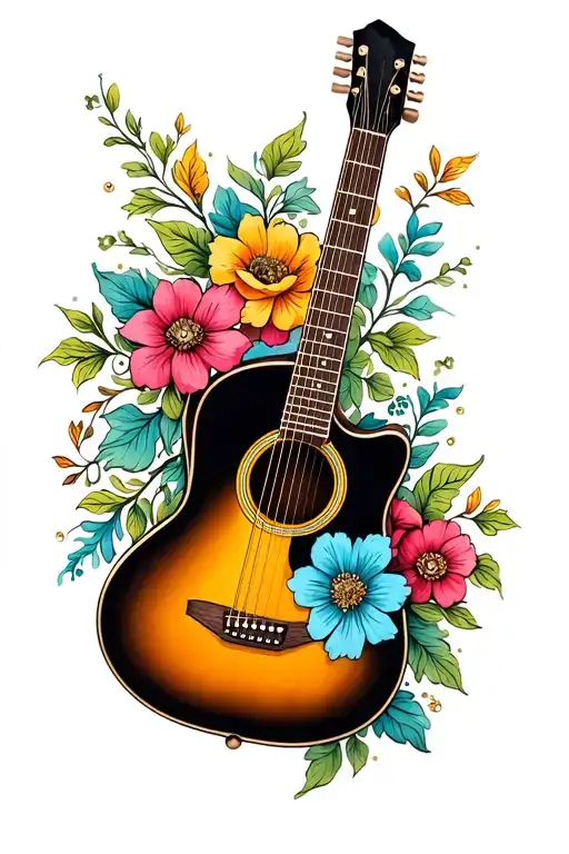 Acoustic Guitar With Painted Flowers