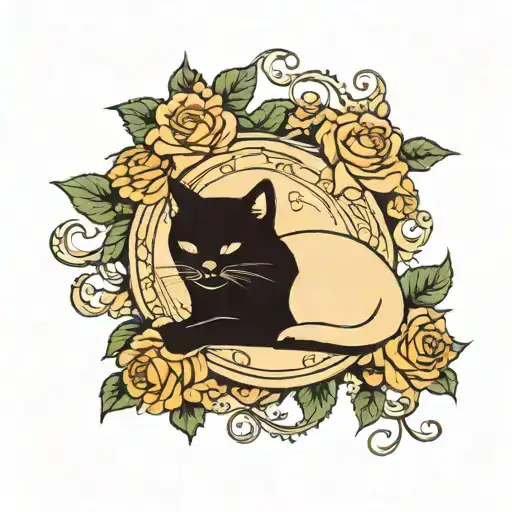 Cream Colored Domestic Short Hair Cat Sleeping Gothic Border And Roses