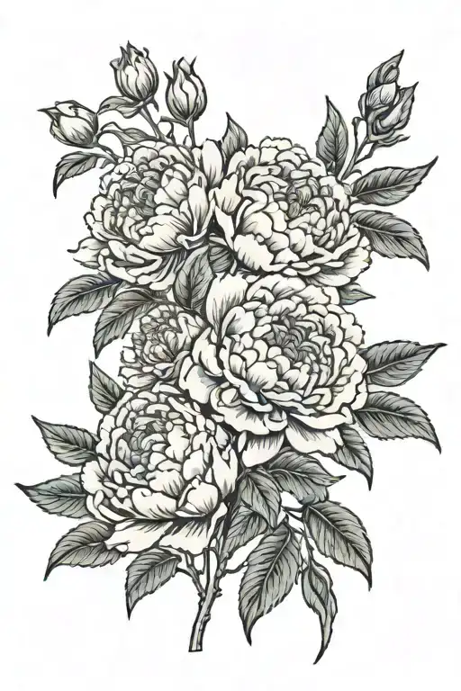 Three Peony Flowers With Black Leaves Woodcut Block Print