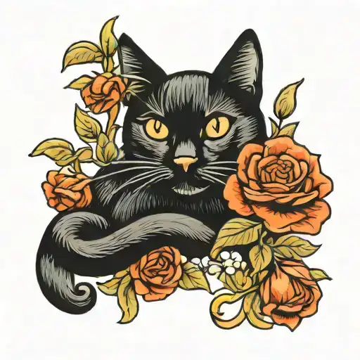 Black Cat With Flowers Growing