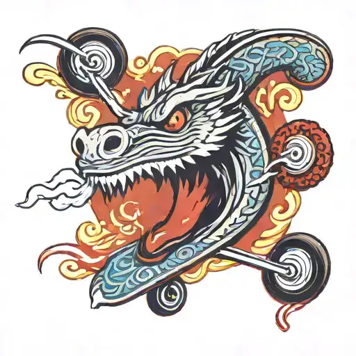 A Traditional Style Tattoo Of A Skateboard With A Trail Of Smoke Forming The Shape Of A Dragon