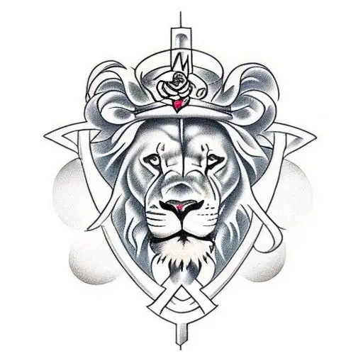 A Cross With A Rose A Crown Of Thorns And The Face Of A Lion