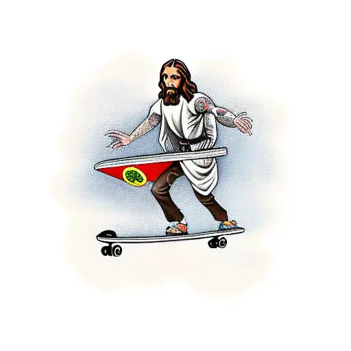 Jesus Christ Running With A Skateboard In His Hand