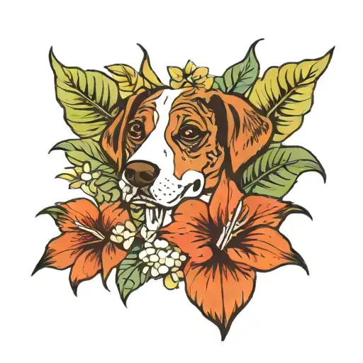 A Traditional Tattoo Of A Dog Sitting Under A Blooming Alocasia Plant
