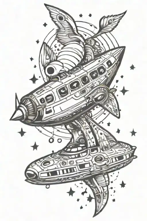 A Traditional Style Spaceship Flying Through A Galaxy Filled With Music Notes