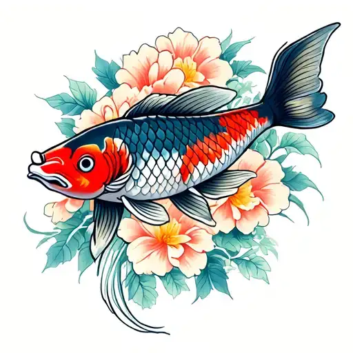 Koi Fish Against The Background Of Flowers