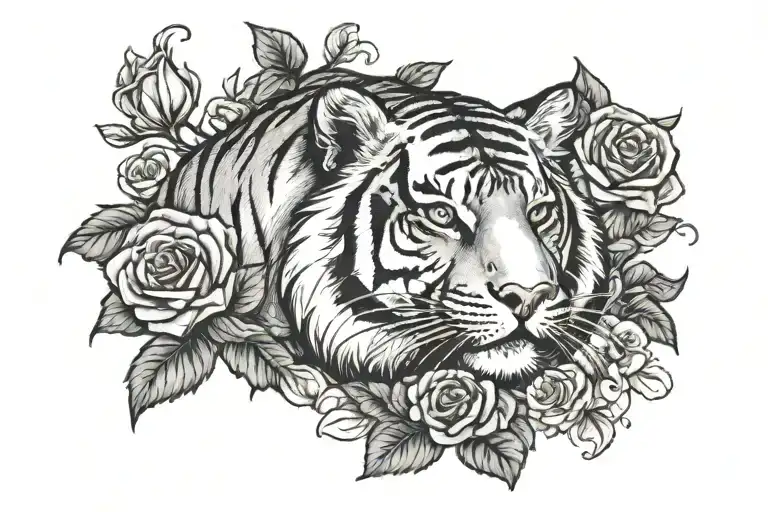 A Majestic Tiger Intertwined With Elegant Roses And Books
