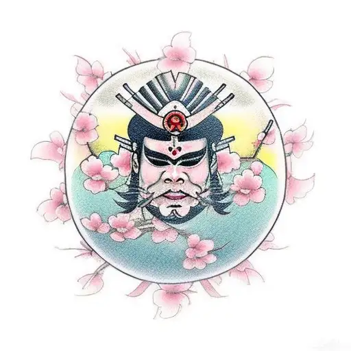 A Traditional Japanese Warrior Mask Surrounded By Graceful Cherry Blossom Petals