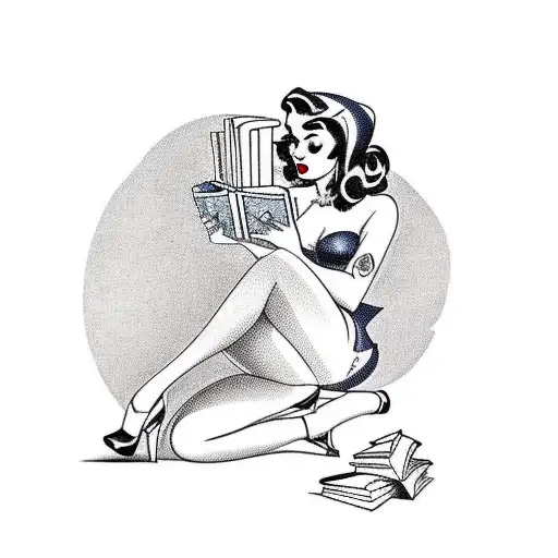 Full Length Pin Up Girl Reading A Book While Sitting On A Stack Of Books