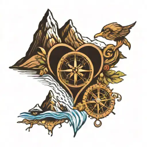 Heart Shaped Compass Earth Element Mountain River Flowing