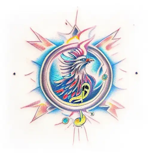 A Fenix Bird Rising From The Ashes With Musical Notes Surrounding It