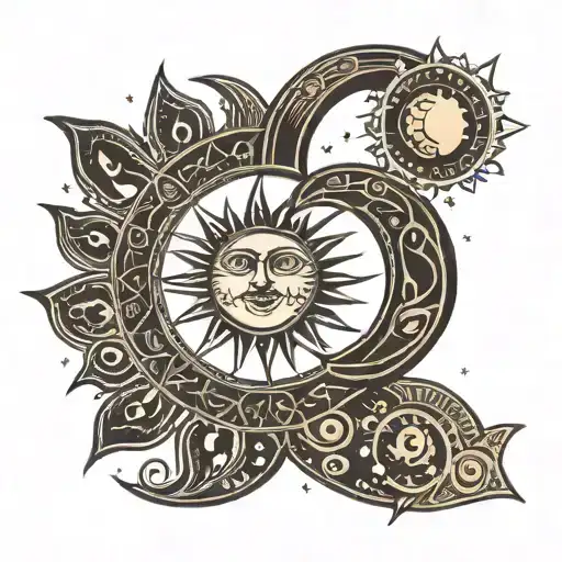 A Woodcut Style Crescent Moon And Sun With Intricate Geometric Patterns Inspired By Brewing Tools