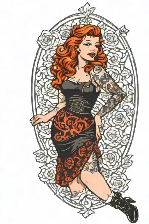 Chubby Redhead Goth Pinup Girl Standing Sexy Lingerie