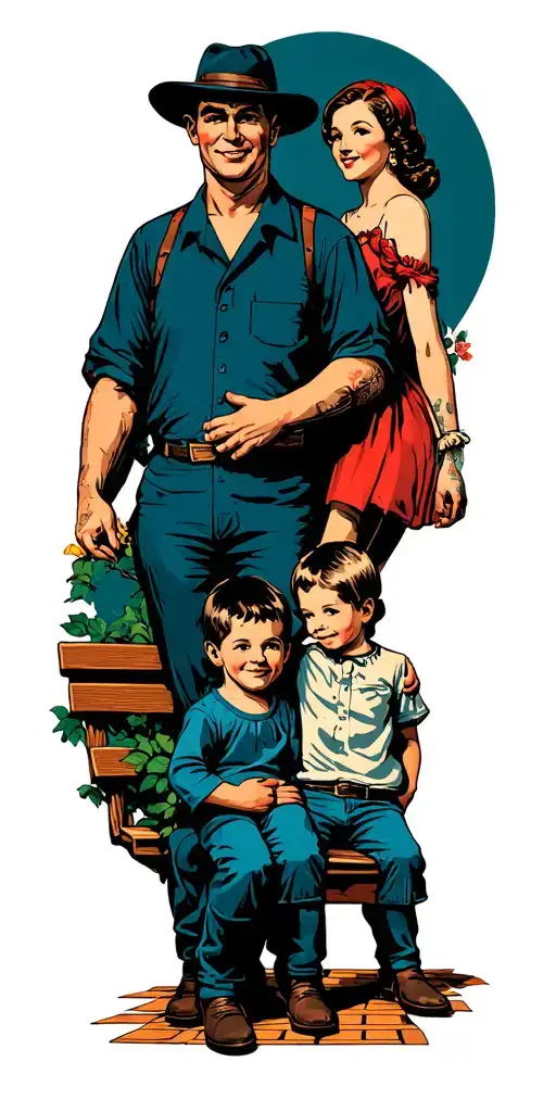 A Man With Two Children Grabbed Hand In A Parquet And A Lady Sitting On A Bench Behind Them