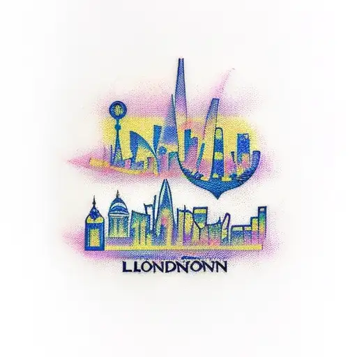 A Traditional Style Tattoo Of A London Skyline With Musical Notes Forming The Shape Of A Cat