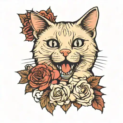 Cream Colored Domestic Short Hair Cat Portrait Gothic Border And Roses
