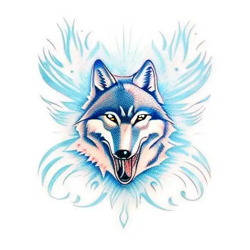 Realistic Wolf Head With Tattered Thin Blue Line Flag Background