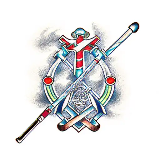 A Traditional Style Cross With Pool Cues And Golf Clubs Intertwined