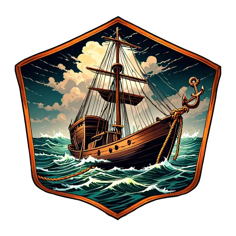 An Boat Surrounded By A Storm Bordered By A Rope With An Anchor