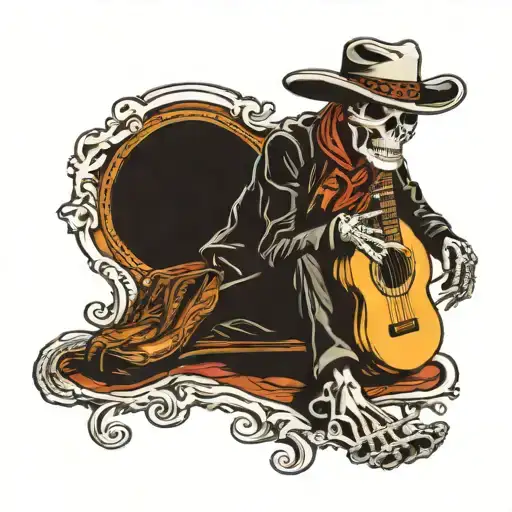 Skeleton Sat Down Playing A Guitar Wearing A Cowboy Hat