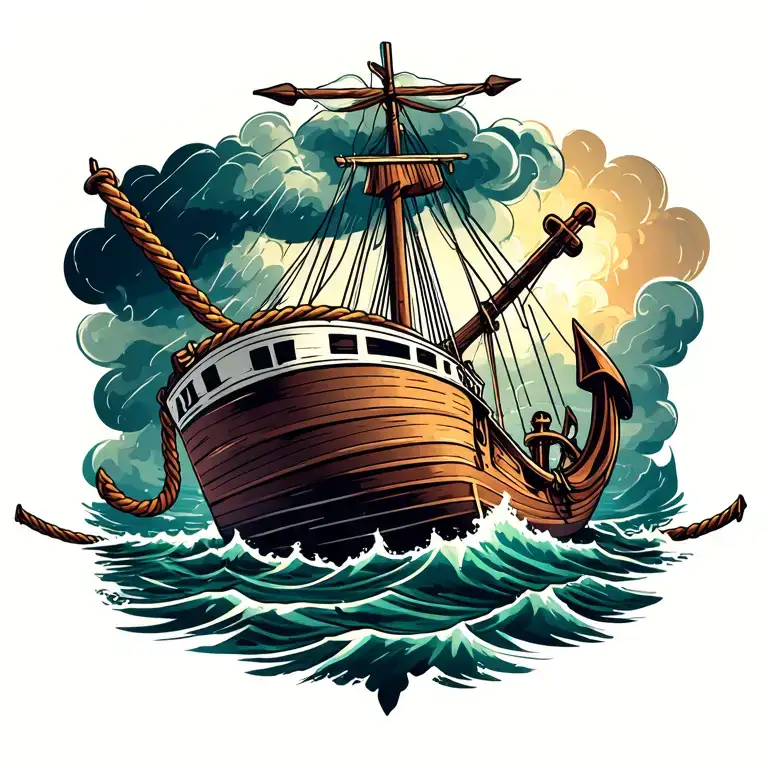 An Boat Surrounded By A Storm Bordered By A Rope With An Anchor In Behind It
