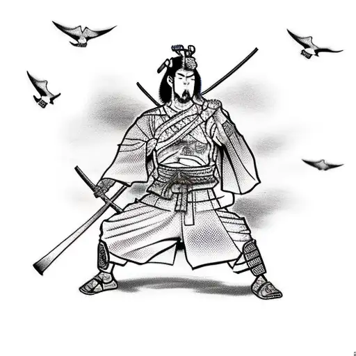 A Samurai Warrior Holding A Cross With Swallows Flying Around It