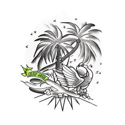 A Palm Tree With 6 Leaves And At The Top 2 Nymph Parrots Having A Romantic Moment