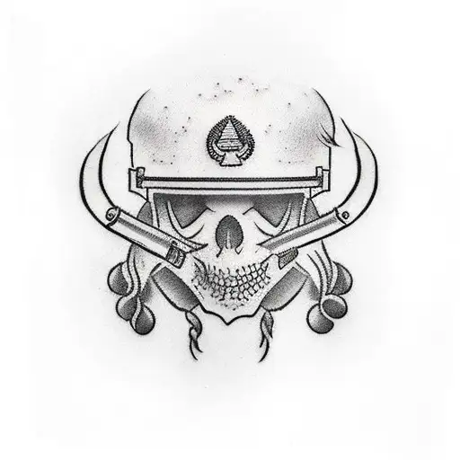 A Traditional Tattoo Design Showcasing A Military Helmet Adorned With Hunting Motifs