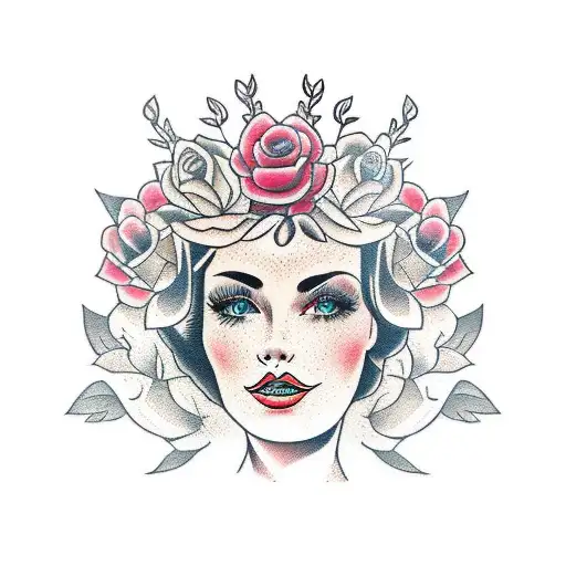 Side Traditional Lady Head Tattoo Holding Books With A Floral Crown Surrounded By Bold Flowers