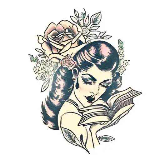 Vintage Floral Lady Profile Reading An Opened Book Surrounded By Bold Floral Frame