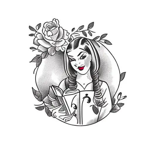 Vintage Lady Reading An Opened Book Surrounded By Bold Floral Frame