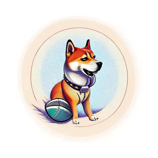 A Traditional-style Tattoo Showcasing A Shiba Inu Standing On A Rugby Ball Amid A Backdrop Of Nature